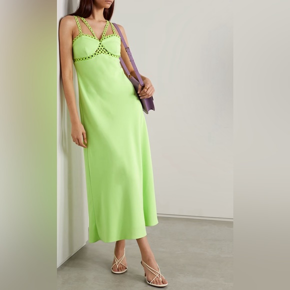 SIMKHAI SEVILLA CROCHET W/ METAL-RING HALTER MIDI DRESS LIME Sz various - Picture 2 of 7